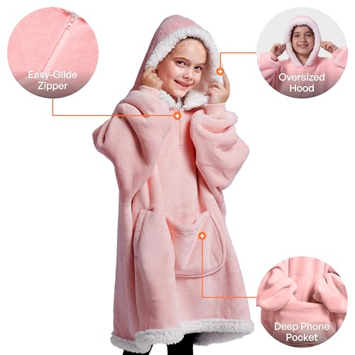 Image of Giggling Getup Wearable Blanket Hoodie for Girls and Boys Sherpa Fleece Hooded Blanket Sweatshirt Warm Cozy Sherpa Wearable Throw Oversized Hoodie with Giant Pocket & Sleeves for Kids Pink