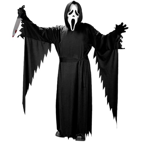 Disfraz de Halloween, Disfraz de Fantasma de Screaming Escalofriante, con Una Túnica Negra Máscara de Scream, Cinturón, Cuchillo de Utilería y Dos Guantes, para Carnaval, Halloween,Fiesta,Cosplay (S)