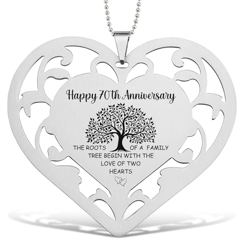 70th Anniversary Stainless Steel Heart Ornament with Laser Engraved Family Tree