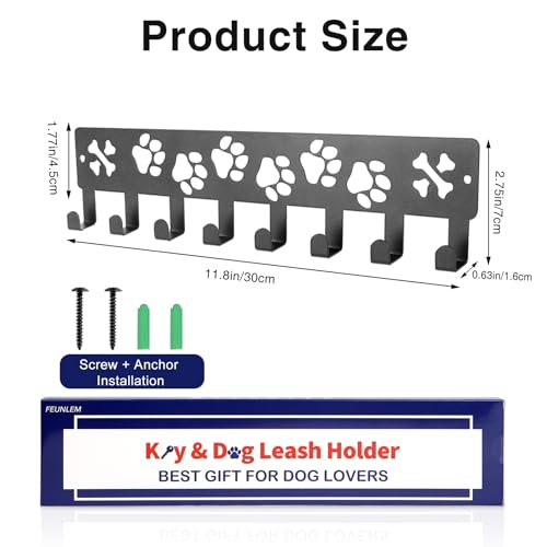 FEUNLEM Key Holder Wall Mount & Dog Leash Holder for Wall, Metal Key Rack with 8 Hooks for Entryway/Hallway/Kitchen Decor, Dog Paws Design Wall Organizer 11.8×2.6 Inch with Screw Anchors (Black-Paws) by FEUNLEM - Image 3