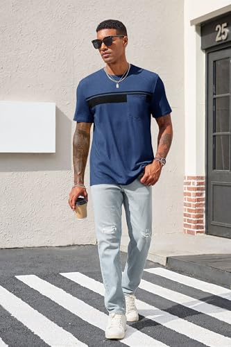 Runcati Men's Casual T-Shirt Short Sleeve Regular Fit Crewneck Tee Summer Graphic Tops with Pocket Navy - Image 4