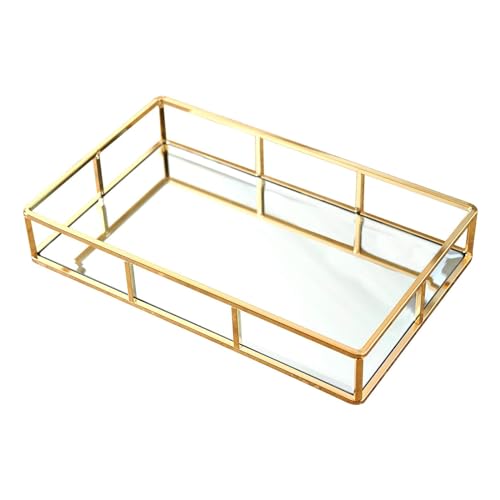 PuTwo Tray Mirror, Gold Dresser Ornate Tray Metal Decorative Tray Jewelry Perfume Organizer Makeup Tray for Vanity, Dresser, Bathroom, Bedroom by PuTwo - Used condition - US$14.94