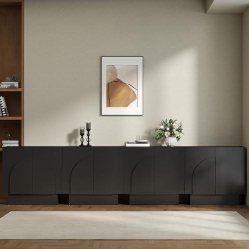 HEAH-YO Black Sideboard Buffet Cabinets with Storage, Modern Coffee Bar Cabinets Credenza with Arched Doors, Farmhouse Accent Wooden TV Stand Media Console Table for Living Room/Hallway,4PCS