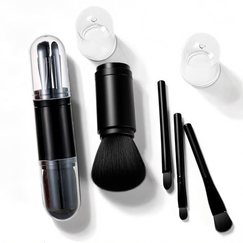 Image of TORMEN 4-in-1 Retractable Makeup Brush Set, Portable Travel, Black | 4-in-1 retractable brush set for powder, eyeshadow, highlighter, lip. Portable travel design. Soft synthetic bristles,