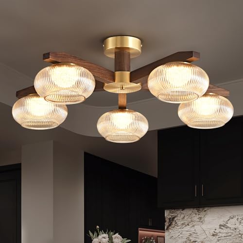 Image of Modern Walnut Wood LED Ceiling Light Fixture,Glass Shade 5 Light Semi Flush Mount Wooden Ceiling Light,Farmhouse Walnut Solid Wood Brass Chandelier for Living Room,Bedroom,Dining Room