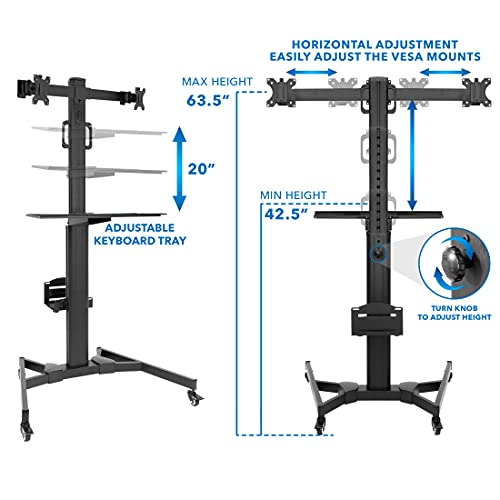 Mount-It! Adjustable Mobile Pc Workstation For Dual Monitors | Mobile Standing Computer Cart With Adjustable Keyboard Tray And Cpu Holder | Rolling Computer Desk Fits Monitors 13 To 32 Inches #TOP4