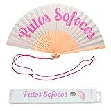 Fisura – Abanico Original con Mensaje “p*Tos sofocos”. Abanico de Madera Moderno y Gracioso. Abanico Verde y Morado. Medidas: 42,5 x 23 cm. Madera y Textil.