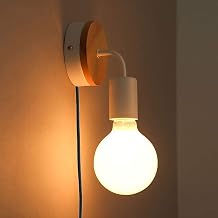 Modern Wall Lights, E27 Vintage Industrial Wall Lamp with Plug Rustic Attic Wooden Base Wall Sconce for Bedroom Cafe Bar Restaurant Office Switch Change Wall Lamp,White