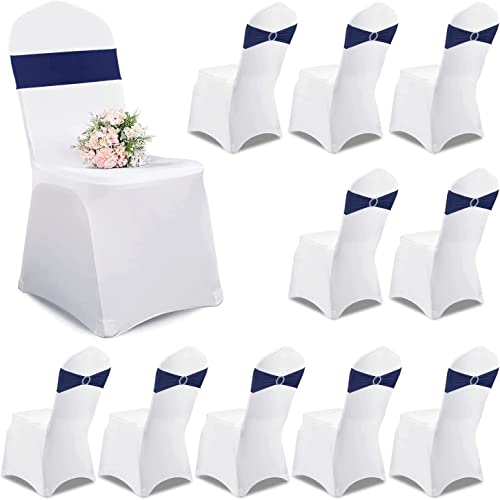 Lot de 10 écharpes de chaise en élasthanne stretch avec boucle - Blanc - Housse de chaise de mariage - En élasthanne - Pour mariage, banquet et fête - Bleu Cover