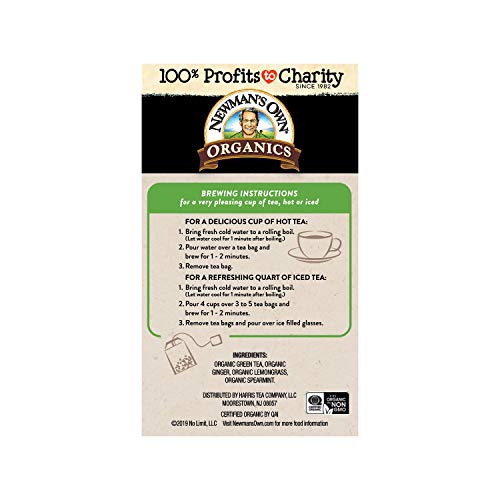 Newman's Own Organic Ginger Green Tea - 20 Individually Wrapped Bags - Pack of 6 - USDA Certified - Caffeine - Hot Drink