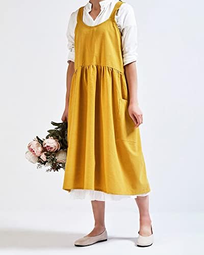 Small snail Women Apron Japanese Style Cotton Aprons Cross Bandage Halter Pinafore with Big Pockets Solid Color Literature Art Baggy Casual Bib Home Clothing for Cooking Chef Cafe Flower Shop Yellow
