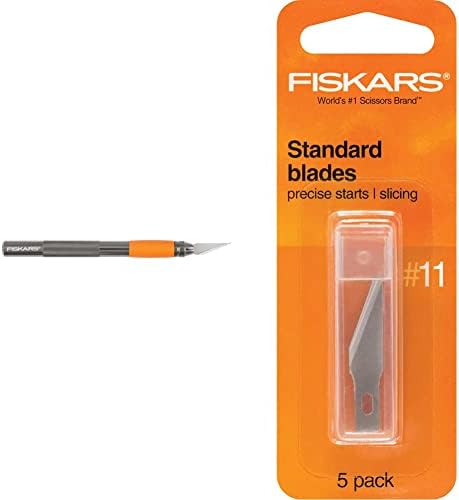 Fiskars Heavy Duty Die Cast, Exacto, 8 Inch, Precision Knife for Crafts, Multi Use Blade with Protective Cover, Steel & 196010-1006 Standard Number 11 Blades, 5 Pack, Orange