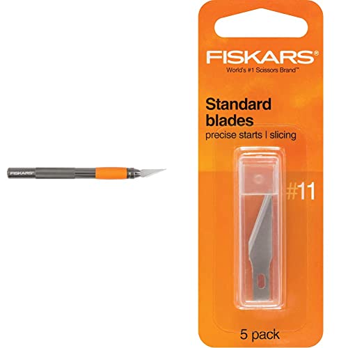 Fiskars Heavy Duty Die Cast, Exacto, 8 Inch, Precision Knife For Crafts, Multi Use Blade With Protective Cover, Steel & 196010-1006 Standard Number 11 Blades, 5 Pack, Orange #TOP8