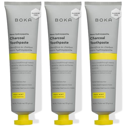 Image of Boka Fluoride Free Toothpaste, Nano Hydroxyapatite Toothpaste, Appropriate for Sensitive Teeth - for Adult Oral Care - Charcoal Yuzu Mint Flavor, 4 Fl Oz 3Pk