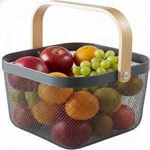 Metal Mesh Fruit Basket With Wooden Handles |Pack of 1 - multicolor| Home Decor Items for Living Room | Room decor Items for Bedroom | Basket for Storage | Bathroom Organiser-image-30