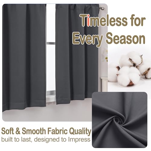 Image of Charcoal Grey Blackout Curtains for Small Window Treatment, Light Blocking Short Kitchen Window Curtains Over Sink, Dual Rod Pocket Half Window Tiers for Bathroom Basement, Each 40 inchWx36 inchL, 2 PCS