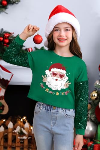 Image of BesserBay Girls Christmas Sequin Shirt Patchwork Long Sleeve Crop Tops 6-14 Years