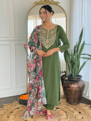 Image of Naixa Women's Rayon Embroidered Straight Kurta with Pant and Dupatta Sets (Available in Plus Size) (NX-696)