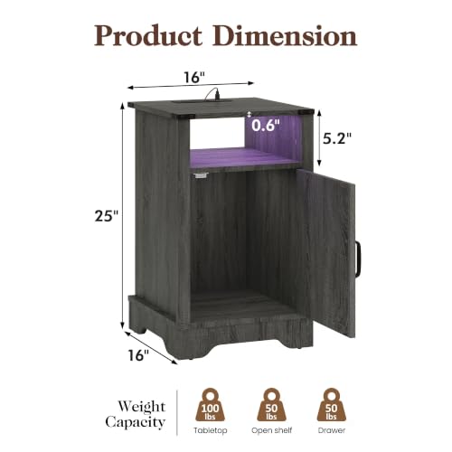 Image of Softa Nightstand Set of 2 with Charging Station & LED Lights, Rustic Bedside Table with Storage Cabinet and Shelf, Farmhouse Wooden End Table, Dark Gray