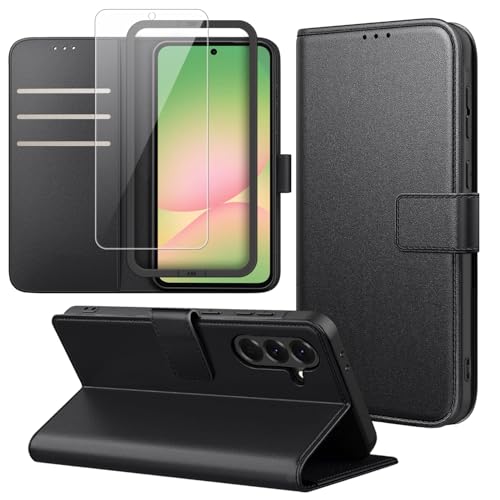 #Commissioniguadagnate<br>Cover Compatibile con Samsung Galaxy A56 5G con 1 Pezzo Vetro Temperato Pellicola Protettiva e 1 Pezzo Strumento di Installazione Semplice Premium Pelle PU Libro Flip Custodia - Nero