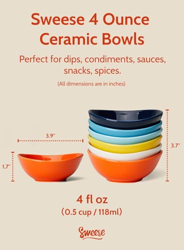 image for Sweese Porcelain 4oz Bowls Set of 6, Assorted Colors - Durable for Sau