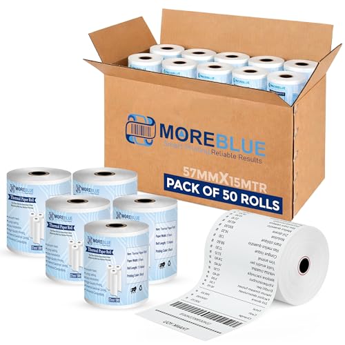 Image of MOREBLUE Credit Card, Food Bills Direct Thermal Receipt Paper Roll, Pack of 50 57mm(2 inch) x 15 Meter, Ink Free Print for POS, Credit Card Machines, & Petrol Pumps