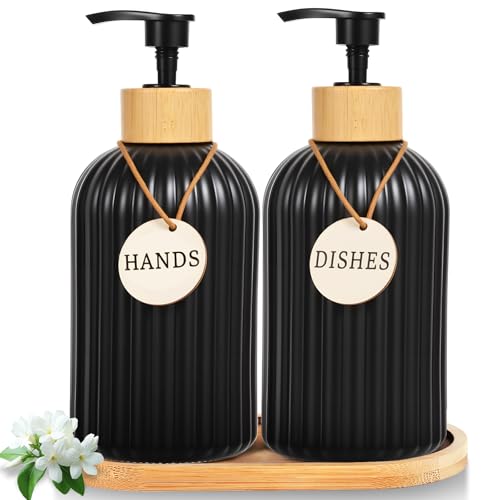 2 Pack ViserVita Glass Hand Soap Dispenser Set with Bamboo Pump, Elegant Refillable Liquid Dish Soap Dispenser with Tray, Perfect for Kitchen Sink and Bathroom Decor