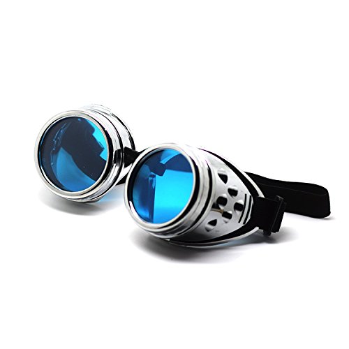 Ultra Silver with Blue Lenses Steampunk Goggles Mens Womens Cyber Glasses Victorian Punk Welding Cosplay Goggles Goth Rustic Rivet Round Eyewear Flying Goggles Fancy Dress Pilot Goggles - Image 2