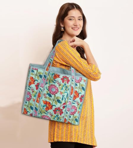 Image of Cotton Tiger Block Print Tote Bag, Indian Handmade Shopping Shoulder Bag, Unisex Market Daily Use