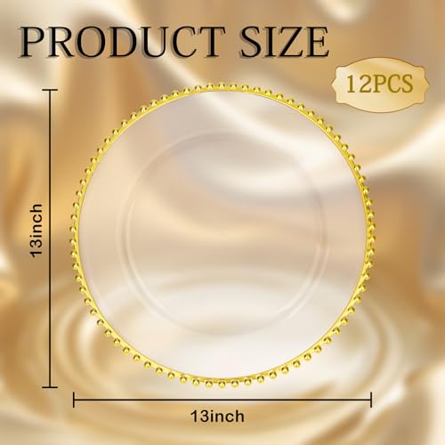 supernal 12pcs Clear Charger Plates Plastic Gold Chargers With Beaded Rimmed 13Inch Set of 12 Premium Plastic Dinnerware for Dinner Plates Suitable For Wedding,Christmas Party,Birthday,Mother\'s Day