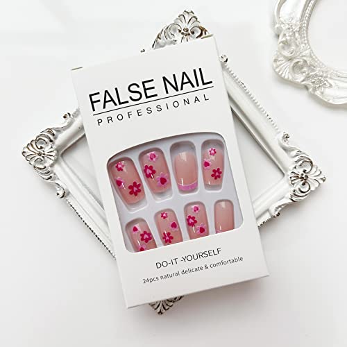 24 Pcs French Tip Press On Nails Short Square Fake Nails Cute Heart Flower Design Acrylic Nails Full Cover Glue On Nails Pink Nail Tips Floral False Nails For Women Girls Spring Summer Manicure Decor #TOP1
