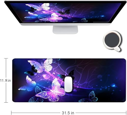 Image of Glowing Night Butterflies Gaming Mouse Pad, Large 800x300x2mm Extended Waterproof Mouse Mat with Stitched Edge, Non-Slip Rubber Base,Desk Mat for Gaming, Work, Office & Home,1 Pc