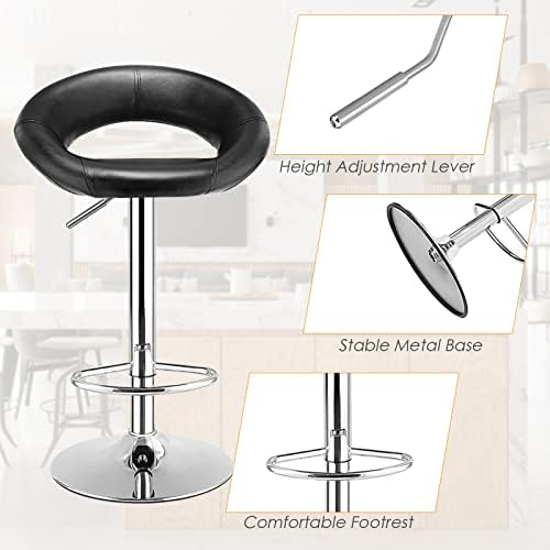 COSTWAY Bar Stool Set of 2, Adjustable Height Breakfast Kitchen Counter Chairs with 360° Swivel Design, Footrest and Backrest, Modern Dining Crescent Shaped Bar Seats for Restaurant Pub (Black)