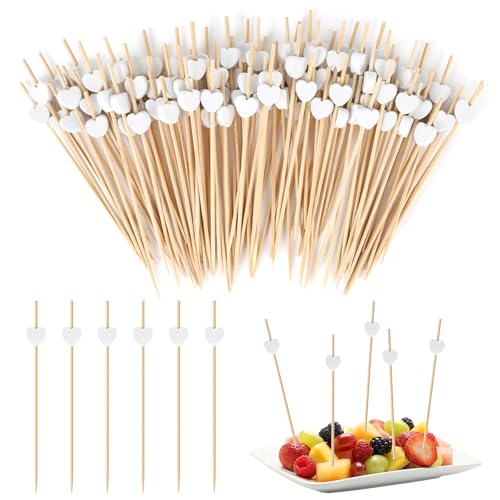 100 brochetas para comida para dedos, brochetas de frutas, 12 cm, palillos de bambú con forma de corazón, pinchos de madera, accesorios decorativos para cumpleaños, bodas y fiestas de carnaval