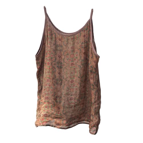 Ramie - T-shirt sem mangas com estampado floral e alças finas para mulher, Castanho (café floral), Talla única