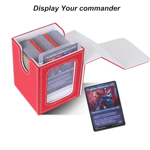 AFIING MTG Deck Box for Commander Display,Card Deck Box Fits 60+ Double Sleeved Cards or 100+single sleeved cards, Magic Commander TCG Card Storage Box with 2 Dividers,Dice Bag(Red/White)