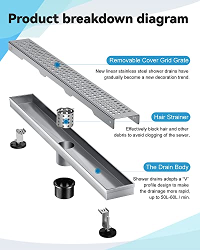 Shower Drain, Htoh Linear Shower Drain 24 Inch(Brushed Nickel),Modern 304 Stainless Steel Shower Floor Drain With Grate Removable, Adjustable Leveling Feet, Rectangular Shower Drain #TOP1