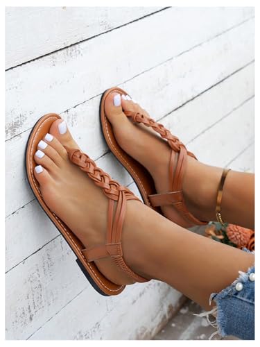 GORGLITTER Women's Braided T Strap Sandals Dressy Summer Ankle Srtap Elastic Beach Thong Sandals4