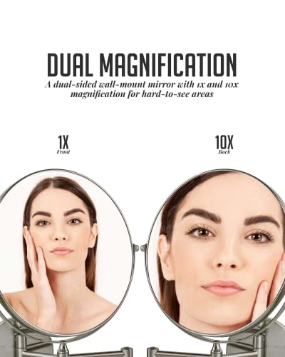 Ovente 9" Wall Mount Makeup Mirror, 1X & 10X Magnifier, Adjustable Spinning Double Sided Round Reflection, Extend, Retractable & Folding Arm, Bathroom & Vanity Décor, Nickel Brushed Mnlfw90Br1X10X #TOP1