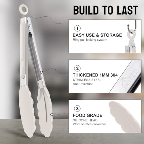 HOTEC Premium Stainless Steel Locking Kitchen Tongs with Silicon Tips, Set of 2-9\" and 12\",Khaki