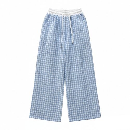 Girls Wide Leg Plaid Pants Kids Elastic high Waist Drawstring Trousers Teen Summer Casual Baggy Fashion Clothes(Light Blue, 9-10 Years)