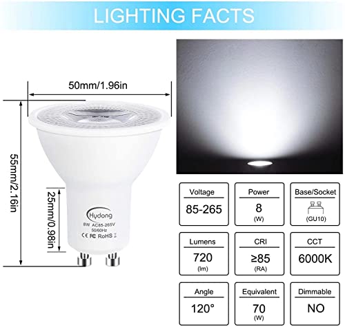HYDONG GU10 LED Light Bulbs 8W Cool White 6000K, 70W Halogen Bulbs Equivalent, 720LM Light Bulb, 120° Wide Beam, No Dimmable, AC 85V-265V, Pack of 10 - Image 2