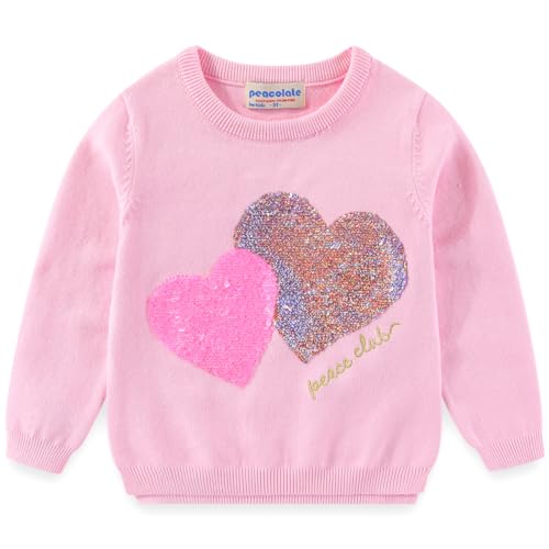 Peacolate Filles Vêtements, Filles Ensemble Enfants Tenue 2pcs Set Manches Longues Paillettes Amour Pull et Bleu Broderie Jeans Printemps Automne 3-8ans(Rose,7ans) – vue 2