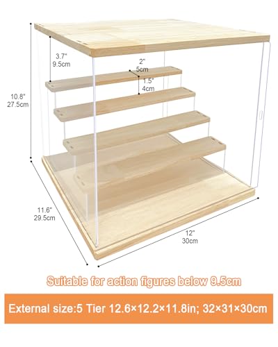 AZEYN Clear Acrylic Display Case with Light , 5 Tier Display Box Stand Assembly Dustproof Protection Showcase for Collectibles Action Figures (12.6×12.2×11.8in; 32×31×30cm)