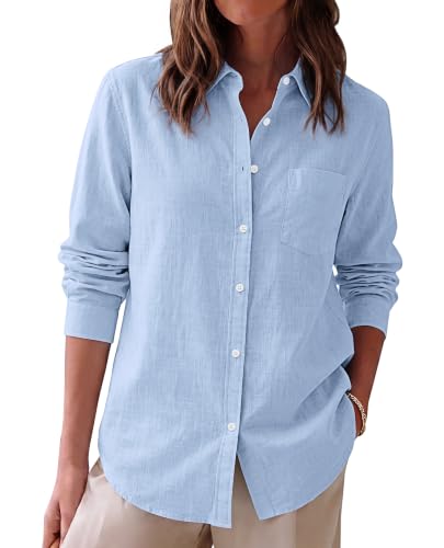 siliteelon Womens Cotton Button Down Shirt Linen Long Sleeve Gauze Shirts Solid Casual Work Office Linen Tops Blouse Blue M