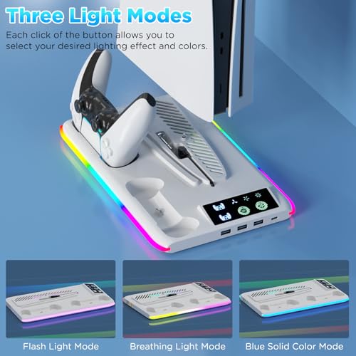 Yaskyly Soporte para PS5/Slim/Pro con Cargador Mando, Ventilador PS5 de 3 Velocidades, Luz LED RGB, Soporte PlayStation 5 Vertical con 3 Puertos USB, Soportes Compatible con Consola PlayStation 5 - imagen 4