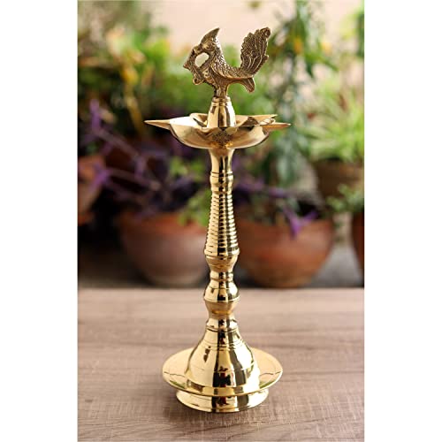 Image of Indian Art Villa Pure Brass Shine Finish Stand /Pillar Diya /Deepak /Lamp /Lantern with Peacock Design, Pooja, Home Decor & Diwali Gift Item, Height-12 Inches