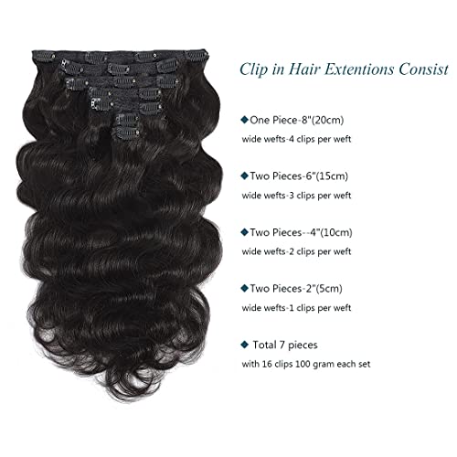 Body Wave Clip In Hair Extensions Real Human Hair For Black Women 1 Set 7 Piece Clip Ins 100% Brazilian Virgin Hair Weave Double Weft #1B Natural Color 100 Gram Include 16 Clips (20 Inch Thicken 100G) #TOP1