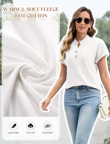 UMIPUBO Womens Blouse Summer Short Sleeve T Shirts Half Button V Neck Basic Cotton Tops Cap Sleeve Ladies Tees Shirts Solid Color Blouses Casual (White, L) - Image 5