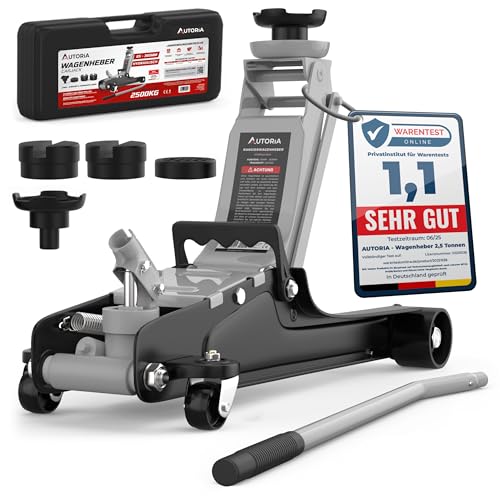 Wagenheber 2,5T extra flach – Hydraulischer Rangierwagenheber mit Transportkoffer, 3 Gummiauflagen & Adapter – Auto Wagenheber für PKW bis 2.500 kg (Hellgrau)